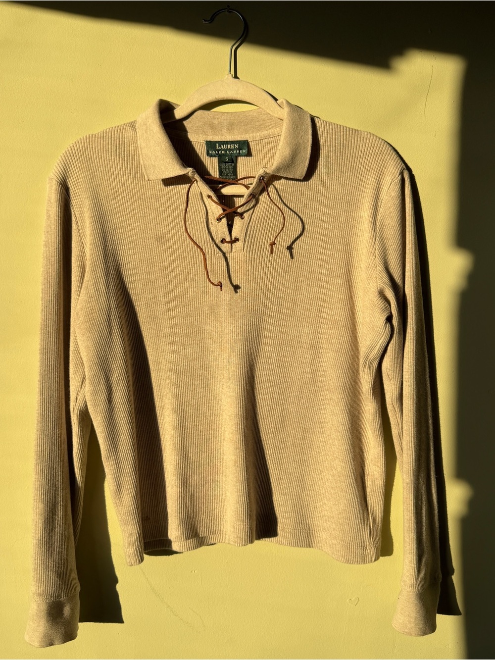 Ralph Lauren Women’s Tan Lace-Up Ribbed Polo Sweater